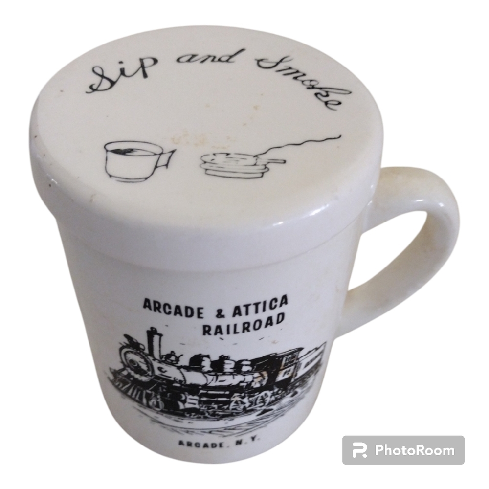 RARE Vintage Ashtray Mug |Arcade & Attica Railroad Sip & Smoke Lid Coffee Cup